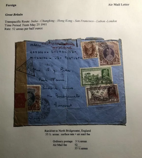 1941 Ranikhet India Censored Cover To England Trans Pacific Route Via Hong Kong