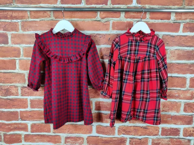 Girls Bundle Age 2-3 Years 100% Next Red Tartan Check Dress Set Long Sleeve 98Cm
