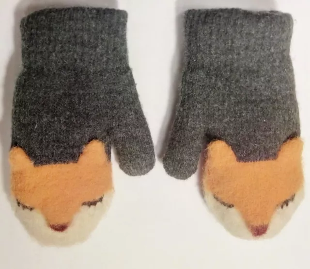Baby Fox Face Cute Warm Winter Grey Mittens Lined Beige Faux Fur Fluffy 12-18 m