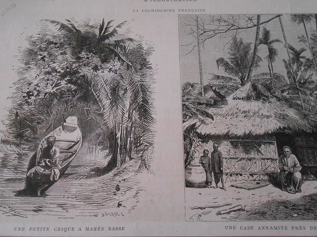 Gravure 1880 - Cochinchine Case Annamite Crique à marée basse