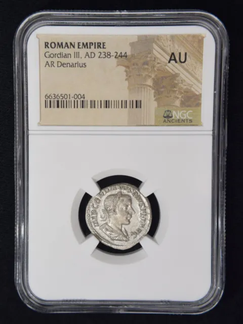 241 Roman Empire Gordian III (AD 238-244) Silver (AR) Denarius NGC AU Securitas