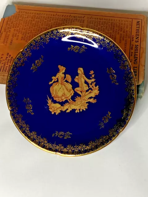 La Reine Limoges Porcelain 22K Gold Cobalt Blue Fragonard Courtship Small Plate