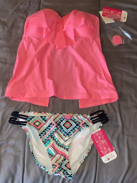 Hula Honey 2 Piece Apron Swimsuit Tankini Top & Strappy Bikini Bottom S (C11)