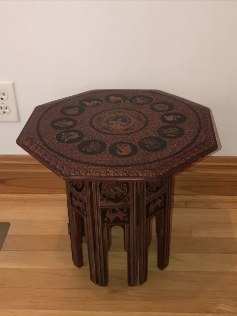 Burmese folding octagonal lacquer Tea Table Stand Thai Myanmar Zodiac Asia