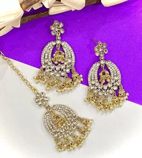 Bollywood Style Gold Plated Indian Jewelry Kundan Mangtika, Jhumka Earrings Set