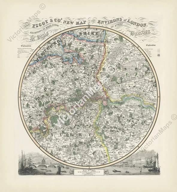 VICTORIAN GUIDE NEW Map Environs of London Pigot Slater 1839 art print ...