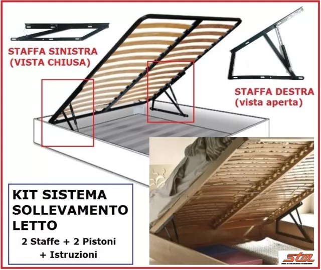 Kit Sistema Sollevamento LETTO CONTENITORE - 2 staffe, 2 Pistoni, Istruzioni