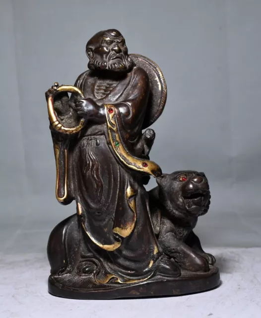 7.5" Old Tibet Tibetan Buddhism temple Bronze gilt gem inlay Dharma Arhat statue