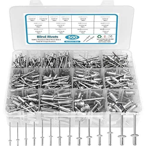 500pcs Pop Rivets Assortment Kit, 14 SAE Sizes Aluminum Rivets (3/32" 1/8" 5/32