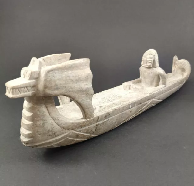 Vintage Granite Stone Hand Carved Dragon Boat Canoe with Native Fisherman 12.5"