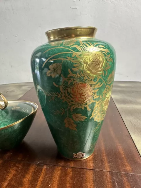 Porzellan Vase, Alka Kunst Bavaria, Serie Patricia, Goldmalerei, 24cm, Dose Grün