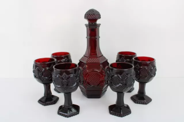 Vintage AVON 1876 Cape Cod Ruby Red Glass 6 Wine Goblets & Decanter Set 3