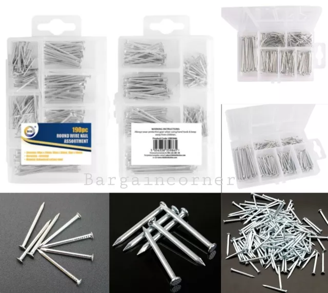 Nails Round Wire Nails Assortment Galvanised Carbon Steel 3 Sizes Wood Flat Head