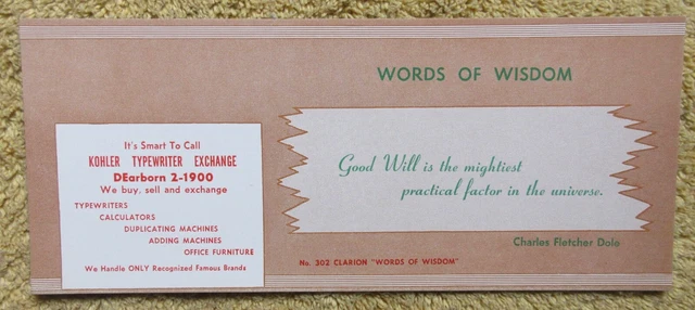 VTG. 1950's KOHLER TYPEWRITER EXCHANGE ADV.INK BLOTTER - WORDS OF WISDOM SERIES