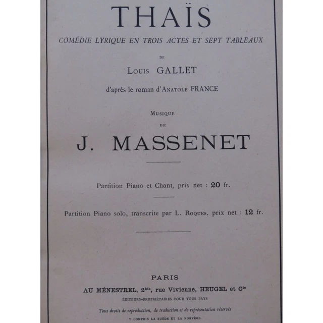MASSENET Jules Thaïs Opéra Chant Piano 1924