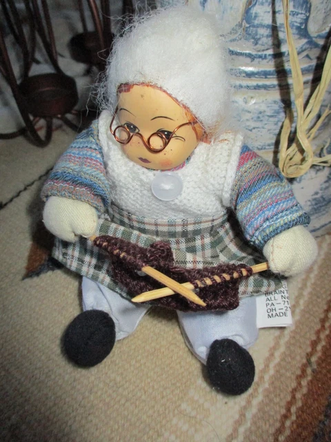 Vintage Springford Doll 6" Grannie Knitting Sitting Porcelain Face