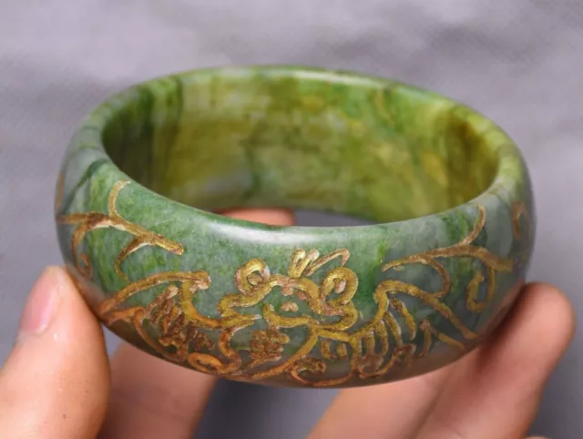 7.5cm China Hongshan Culture Old Jade Gild Carve Bat Inscription Bracelet Bangle