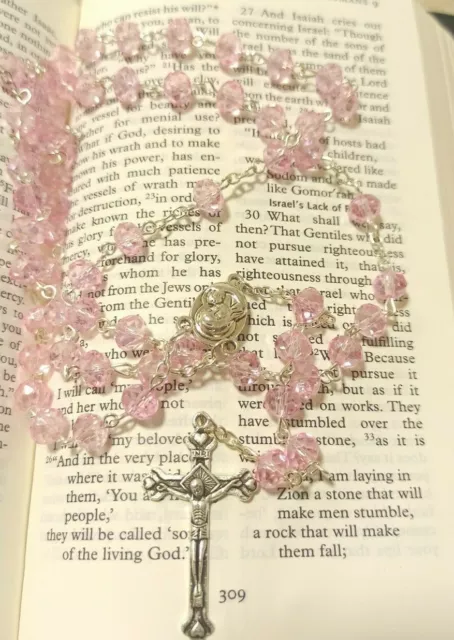 Rosary Crystal Pink Necklace Cross Crucifix Catholic Jerusalem Holy Land