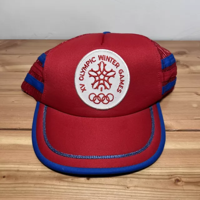 1988 Olympic Winter Games Hat Trucker 3 Stripe Cap Calgary Logo Snapback XV Red