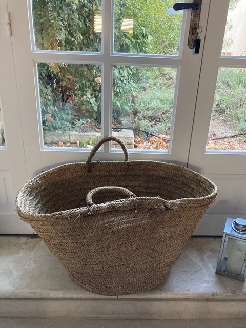 Cabas En Paille Tressée Et Tissu - Impeccable, Taille Moyenne, Marron