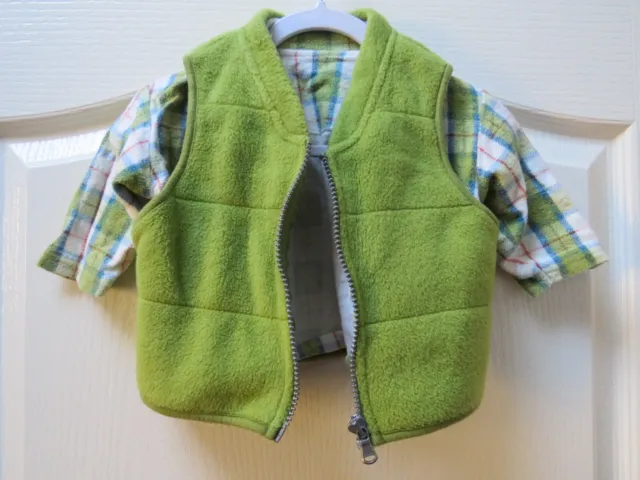 Vtg Marks & Spencer Boys Shirt & Gilet Waistcoat 6-12M Green Fleece Cotton 90s