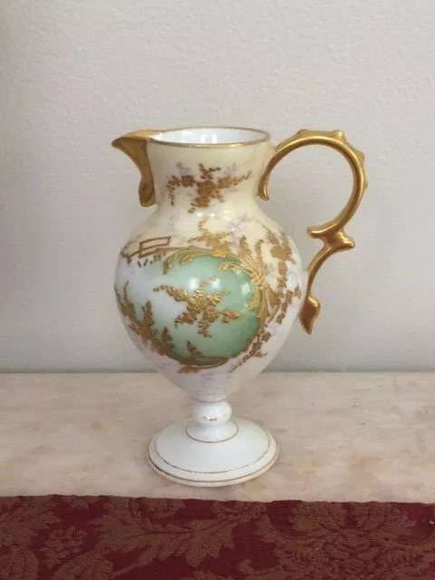 Antique Limoges France AKCD Small Footed Vase Urn Beige green Gold Gilt c 1900
