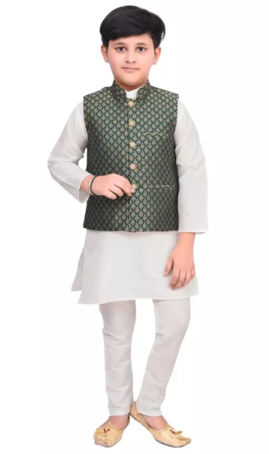 Boys Mehandi Green Jamawar Brocade Vest Jacket Koti Only for Kurta Pajama 035 UK