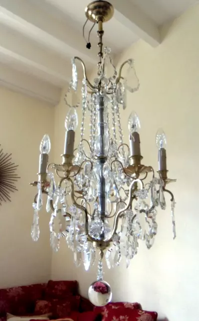 Ancien Grand Lustre Et Pampilles Cristal 6 Lampes