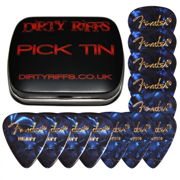 Fender Celluloid Guitar Picks - 12 x Blue Moto 4 Of Each Size In A Plectrum Tin