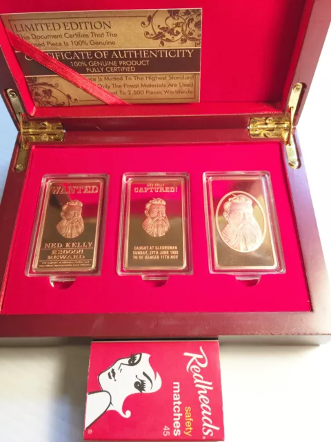 "NED KELLY" Set Of 3 x 1oz Ingots & Display Box 999 Pure Copper