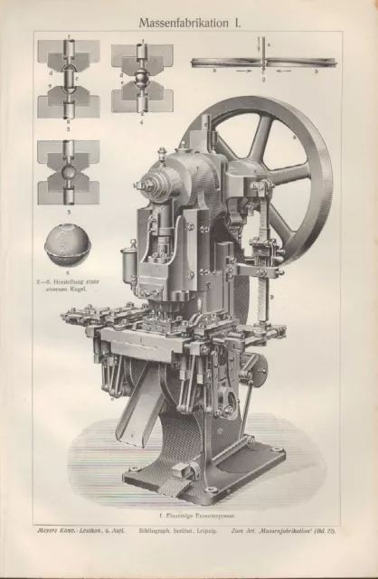 Lithografie 1910: Massen-Fabrikation. einarmige Exzenter-Presse Fabrik Revolver-