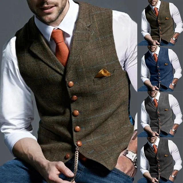 Uomo Tweed Gilet Verde Dentellato Bavero Plaid Vintage a Spina di Pesce S-3XL