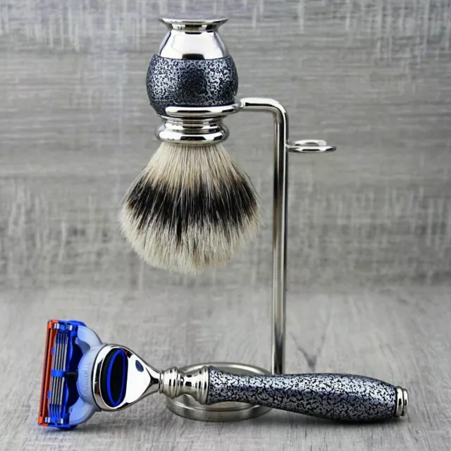 Shaving Set with Silver 5 Edge Razors Brush Stand Men's Grooming Christmas Gifts 3