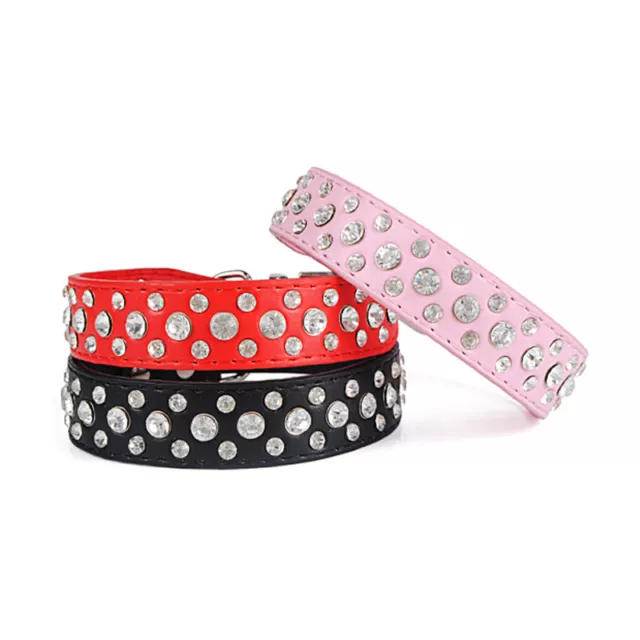 Luxury Diamante Dog Collar Rhinestone Crystal Bling PU Leather Dog Cat Pet UK