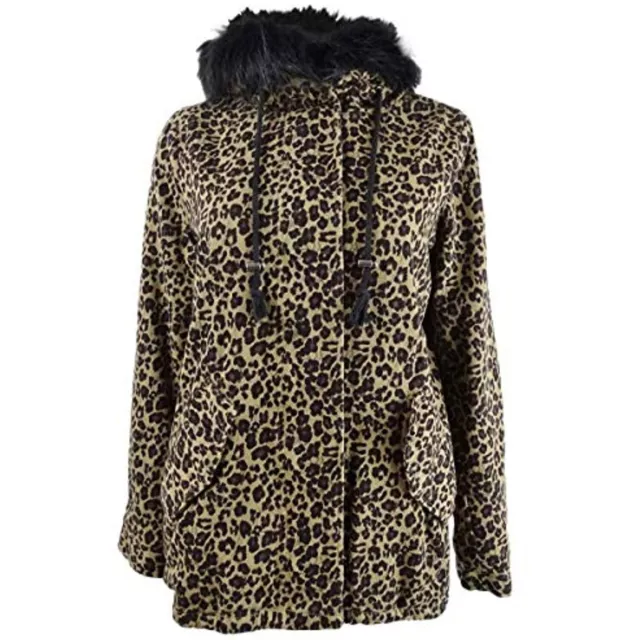 Jou Jou Juniors' Leopard-Print Faux Fur Lined Hooded Jacket, Brown, Size XS, NwT