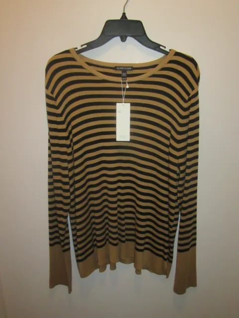 Eileen Fisher Round Neck Sweater Pullover Tencel & Silk Striped Clay / Black Xl