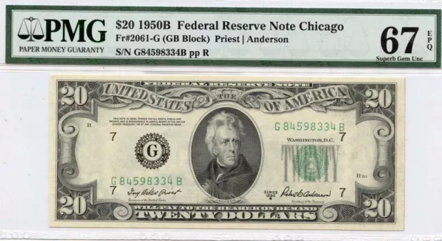1950B $20 Federal Reserve Note Chicago IL Fr# 2061-G PMG Superb Gem67 EPQ