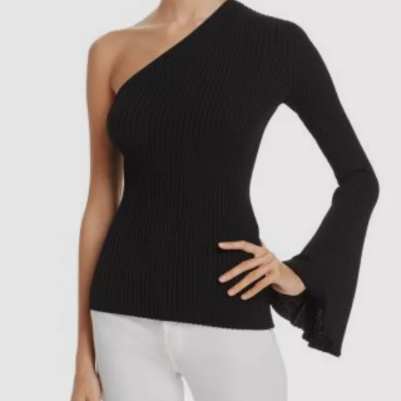 $198 MLM Label Women's Black Ribbed One Shoulder Bell Sleeve Top Size S