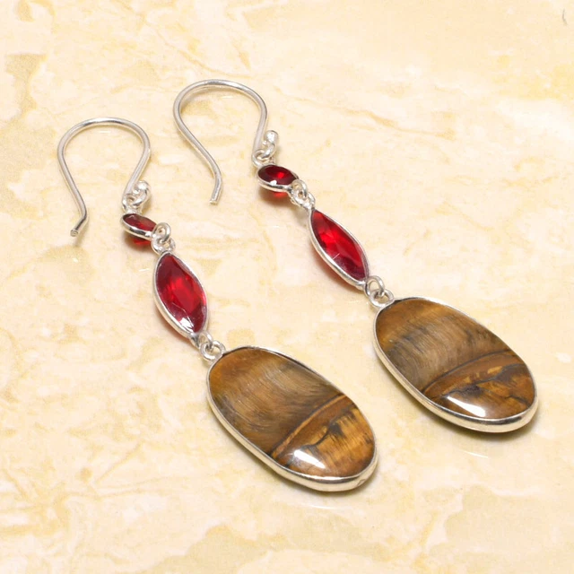 Tiger Eye, Garnet Gemstone Handmade Gift Jewelry Earring 2.75" A054