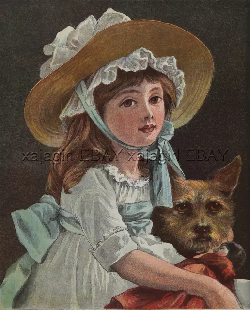 DOG Cairn Terrier Dog with Pretty Girl, Large 1880s Antique Color Print