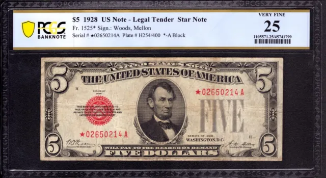 1928 $5 Legal Tender Star Note Currency Fr.1525* Pcgs B Very Fine Vf 25