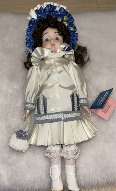 Vintage Porcelain Doll Marian Yu Designs MYD 16" DARK HAIR BLUE EYES 1987 DOLL