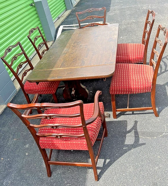 Set of Large Antique Table and Seven  Mid Century Chippendale Style  Chairs