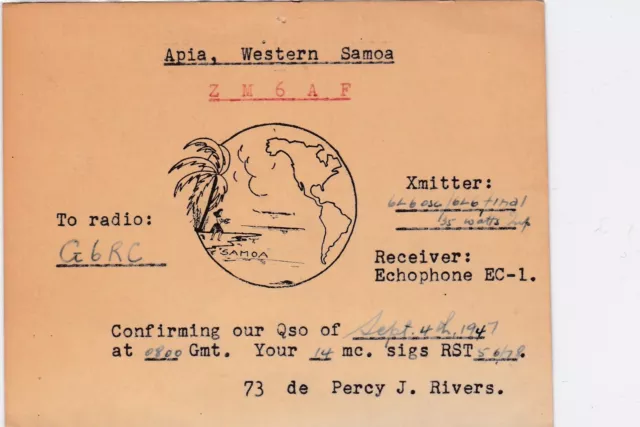 apia western samoa  1947  qsl radio signal card ref r8289
