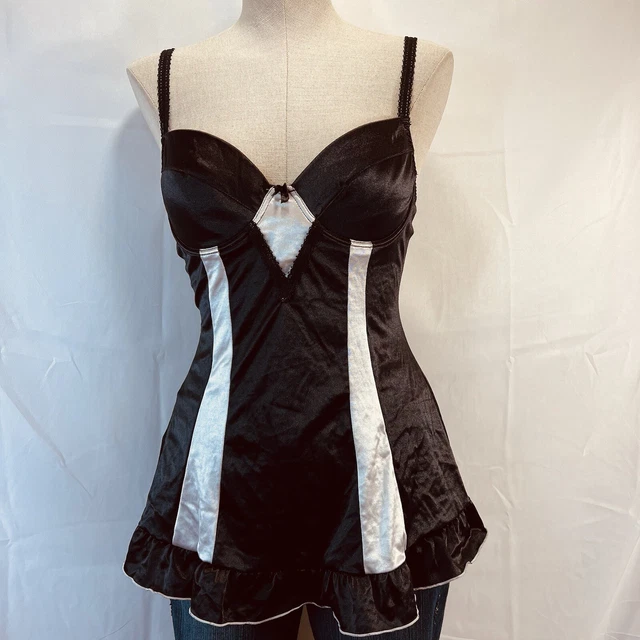 Rampage Vintage Y2k Satin Babydoll Nighty Black & Silver w/Matching Thong - L