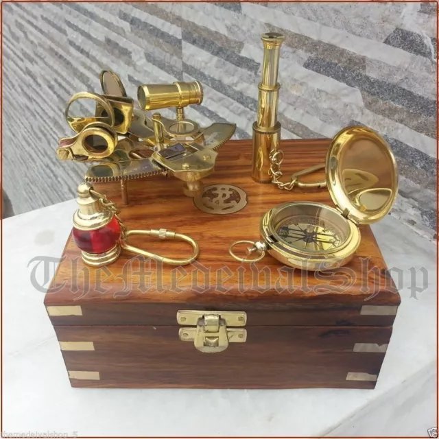 Maritime Brass Sextant, Compass, Telescope,Nautical Keyring With Wooden Box Gift 2