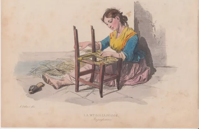 Filippo Palizzi Impagliatrice di sedie 1853 De Bourcard  bulino acquarellato