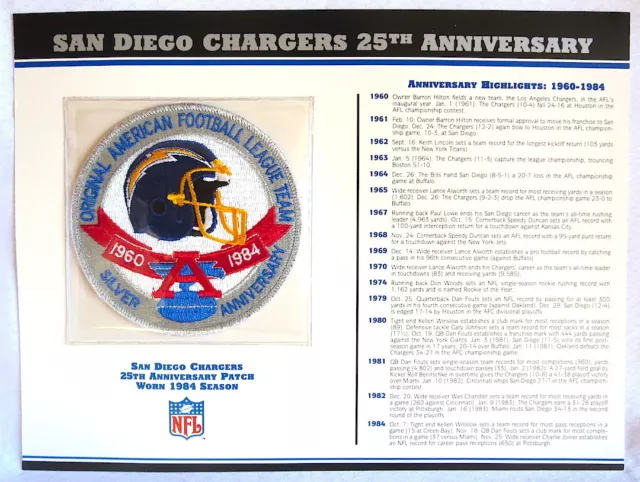 SAN DIEGO CHARGERS ~ 25th ANNIVERSARY NFL PATCH STAT CARD Willabee & Ward ~ 1984