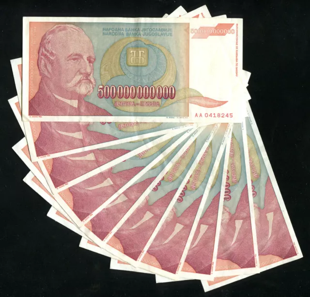 Yugoslavia - LOT 10 banknotes P137 - 500 Billion Dinara 1993 HYPERINFLATION F-XF