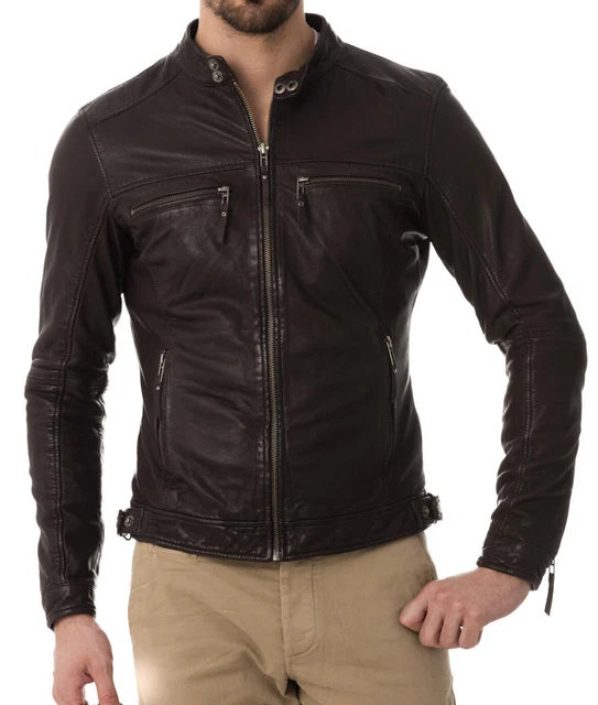 New Men'S Genuine Lambskin Leather Motorcycle Biker Jacket Zipper Brown Stylish